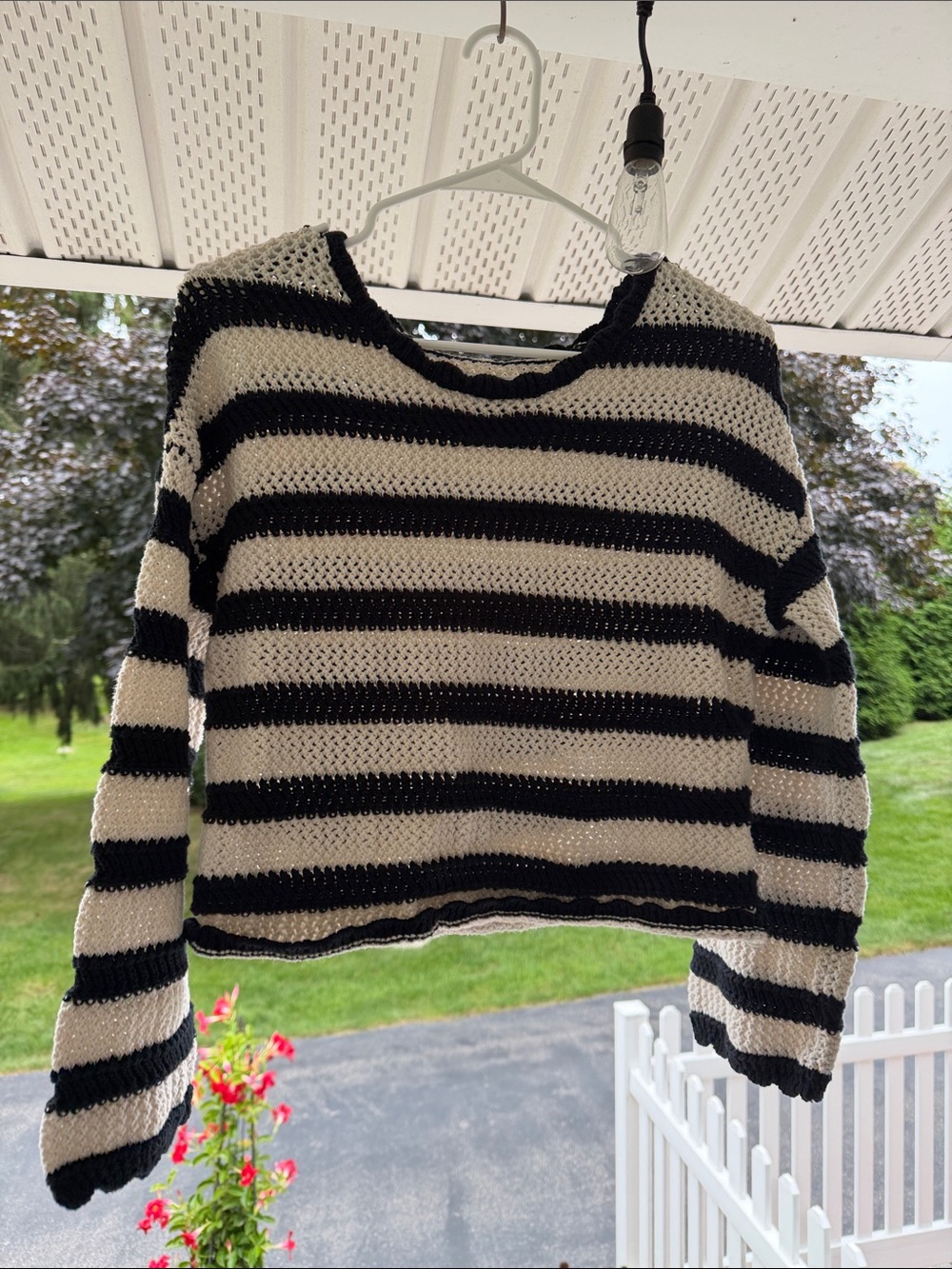 American Eagle Outfitters Black and Cream Striped Crochet Sweater